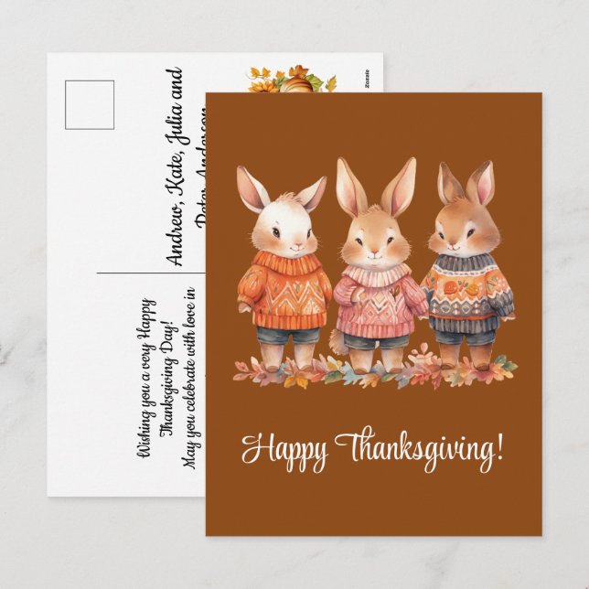 Familie der Hasen glückliches Thanksgiving Feiertagspostkarte (Vorne/Hinten)