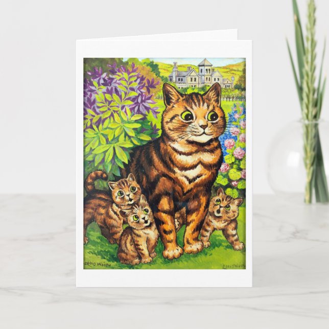 Familie der Katzen in einem Garten, Louis Wain Karte (Vorderseite)