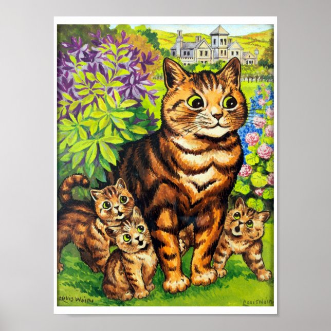 Familie der Katzen in einem Garten, Louis Wain Poster (Vorne)