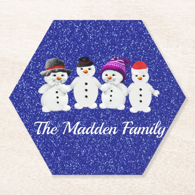 Familie der vier Snowmen Blue Sparkle Winter Untersetzer (Vorderseite)