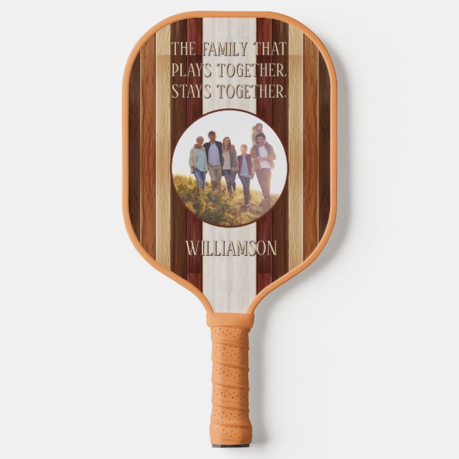 Familie, die rustikales Holz gestreift Personalisi Pickleball Schläger (Vorderseite)