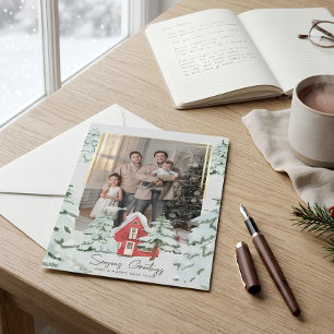 Familie ein Foto Nordic Snow Pine Bäume Weihnachte Feiertagskarte