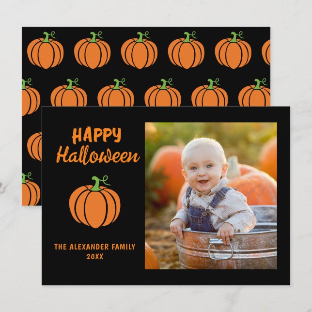 Familie Foto Orange Pumpkin Black Happy Halloween Mitteilungskarte (Vorne/Hinten)