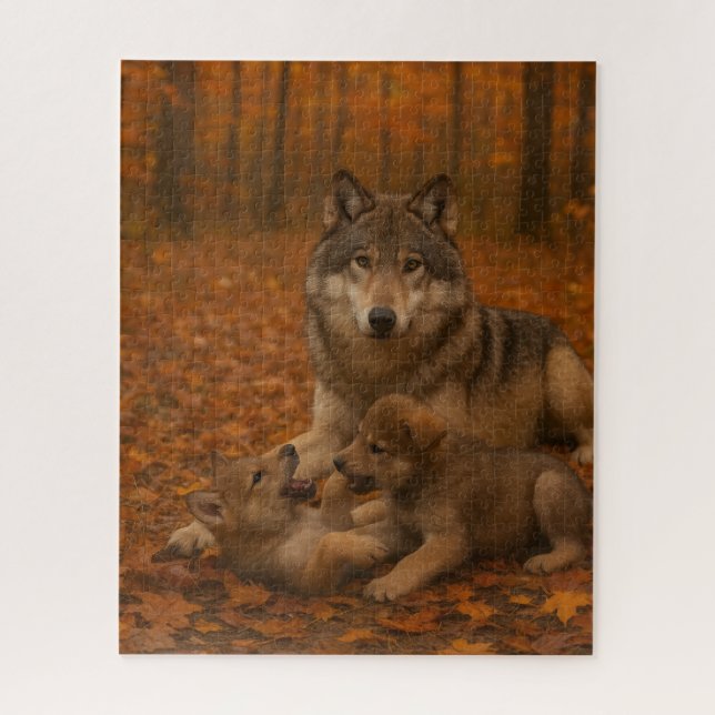Familie Herbst Wolf Kindermädchen im Herbstwald Puzzle (Vertikal)
