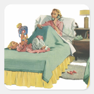 Familie im Retro-Stil, die der Mutter das Frühstüc Quadratischer Aufkleber