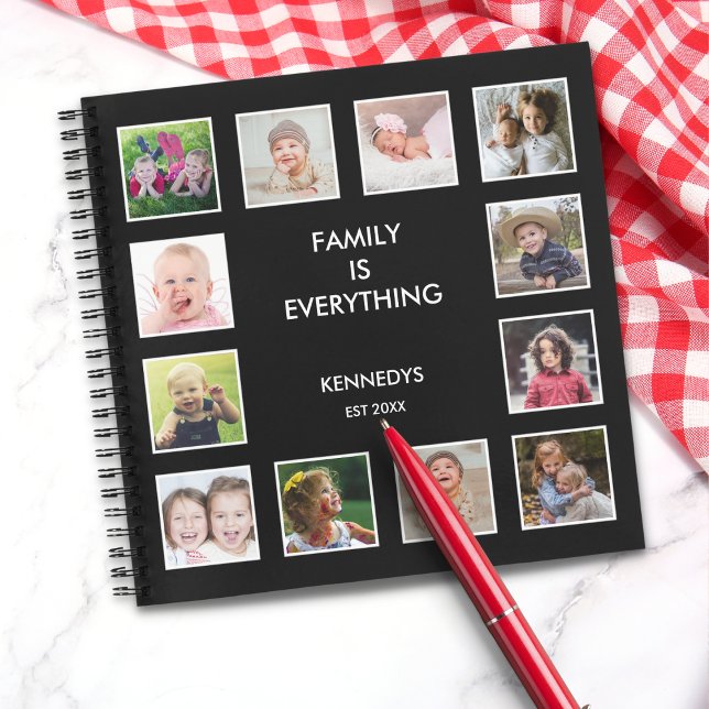 Familie ist alles 12 Foto Collage Familienname Notizbuch (Create Your Own 12 Photo Collage Frame Black Notebook)