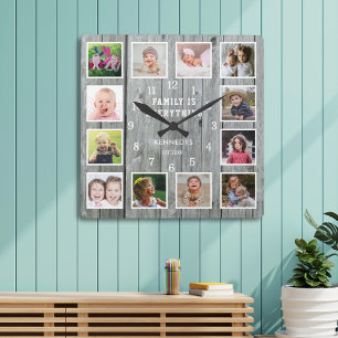 Familie ist alles 12 Foto Collage Graues Holz Quadratische Wanduhr