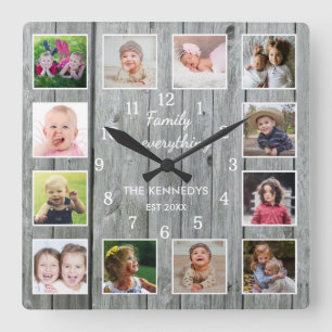 Familie ist alles Zitat 12 Foto Grau Holz Quadratische Wanduhr