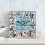 Familie ist alles Zitat Foto Collage blau Quadratische Wanduhr<br><div class="desc">Kreieren Sie einfach Ihre eigene personalisierte, blaue, rustikale Trittholzplanken im Stil eines Seehauses mit Wanduhr mit Ihren individuellen Fotos. Das Design enthält auch ein schönes, handgeschriebenes Skriptziffer: "Familie ist alles". Um die besten Ergebnisse zu erzielen, schneiden Sie die Bilder vor dem Hochladen auf Quadrat - mit dem Fokuspunkt in der...</div>