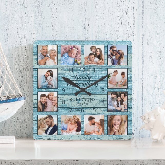 Familie ist alles Zitat Foto Collage blau Quadratische Wanduhr (Von Creator hochgeladen)