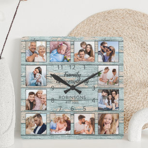 Familie ist alles Zitat Foto Collage blau Quadratische Wanduhr