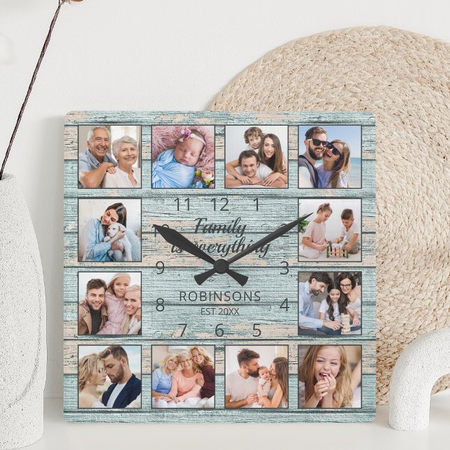 Familie ist alles Zitat Foto Collage blau Quadratische Wanduhr (Von Creator hochgeladen)