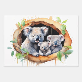 Familie Koala Entspannen im Wasserfarbenwald Geschenkpapier Set