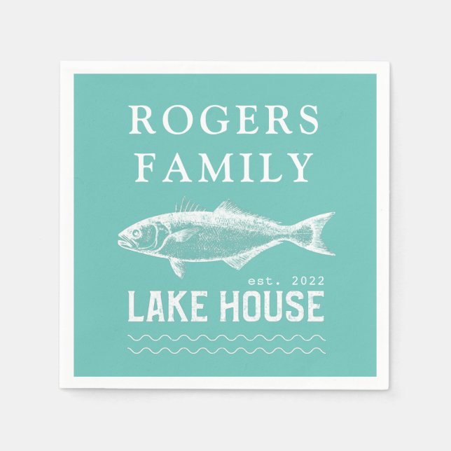 Familie Lake House Name Türkis Blue Paper Serviette (Vorderseite)