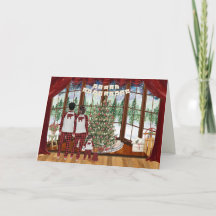 Familie mit 3 Baby Cabin Weihnachtsmorgen