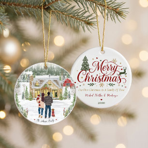 Familie-mit-3-Baby-Schneebedeckte-Weihnachts-Cotta Keramik Ornament