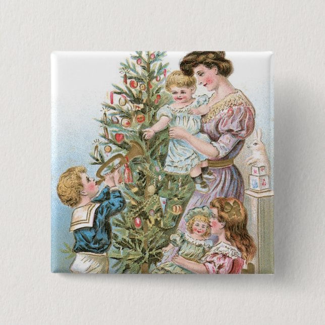 Familie mit Weihnachtsbaum Button (Vorderseite)