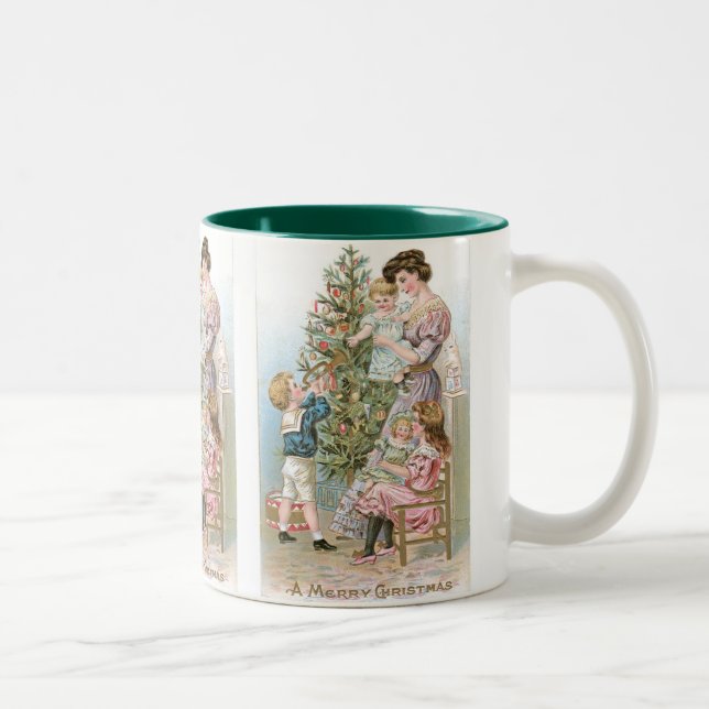 Familie mit Weihnachtsbaum Zweifarbige Tasse (Rechts)