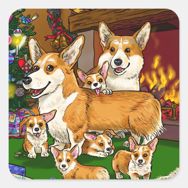 Familie niedlich Corgi Quadratischer Aufkleber (Vorderseite)
