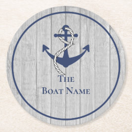 Familie oder Bootsname Navy Anchor Rope Nautic Runder Pappuntersetzer