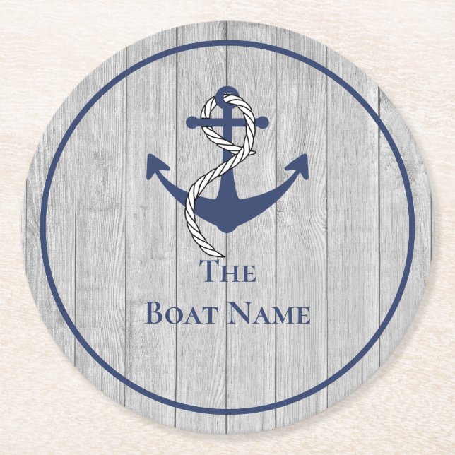Familie oder Bootsname Navy Anchor Rope Nautic Runder Pappuntersetzer (Vorderseite)