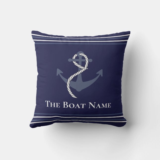 Familie oder Bootsname Navy Blue Anchor Rope Nauti Kissen (Rückseite)