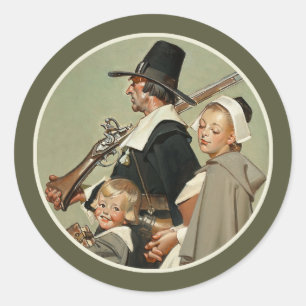 Familie Pilgrim. Vintag Art Erntedank Runder Aufkleber