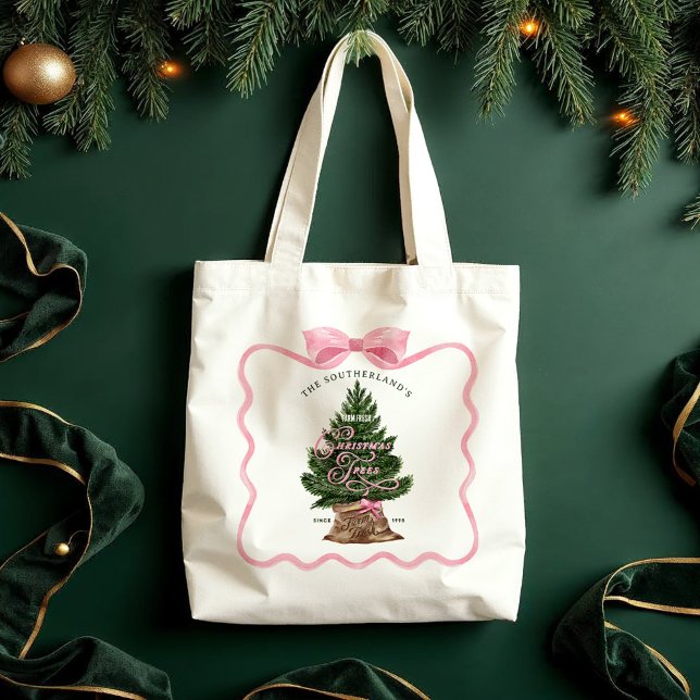 Familie Retro Farm Frische Weihnachtsbäume Rosa Bo Tragetasche (Family Retro Farm Fresh Christmas Trees Pink Bow Tote Bag)