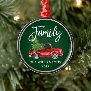 Familie Schriftzug Vintage roter LKW Grün Ornament Aus Metall