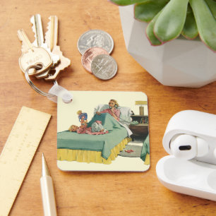 Familie serviert Mama im Bett ein Frühstück im Vin Schlüsselanhänger