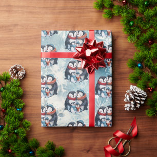 Familie von 4 Weihnachtspinguinen Aquarellfarben I Geschenkpapier