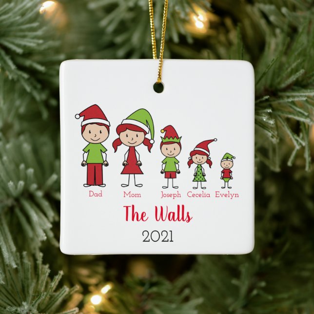 Familie von 5 Niedlichen Weihnachten Personalisier Keramikornament (Baum)