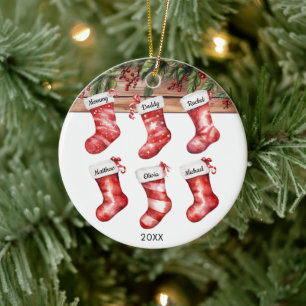 Familie von 6 sechs Weihnachtsstrümpfe Wasserfarbe Keramik Ornament