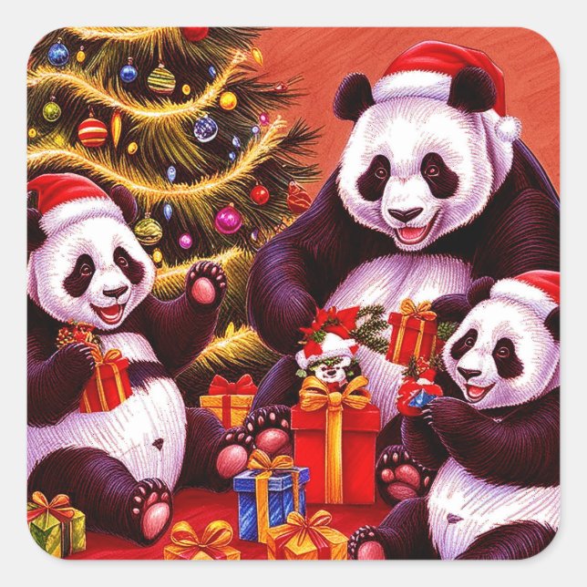 Familie von Pandas Eröffnungsfeierlichkeiten Quadratischer Aufkleber (Vorderseite)