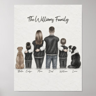 Familie von Vier und Zwei Hunden Graphit-Porträtpo Poster