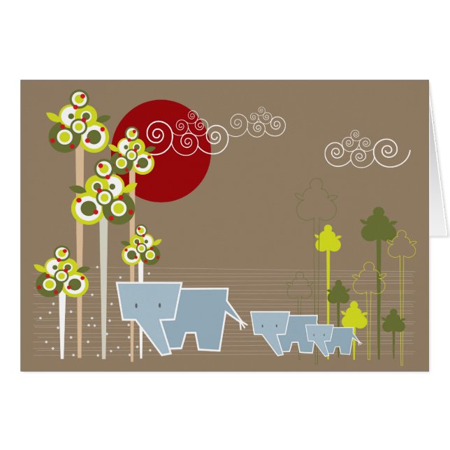 Familie Whimsical Elephant in Wald & Rote Sonne (Vorderseite (Horizontal))