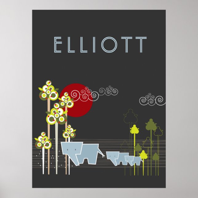 Familie Whimsical Elephant in Wald & Rote Sonne Poster (Vorne)