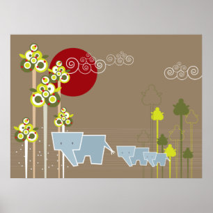 Familie Whimsical Elephant in Wald & Rote Sonne Poster
