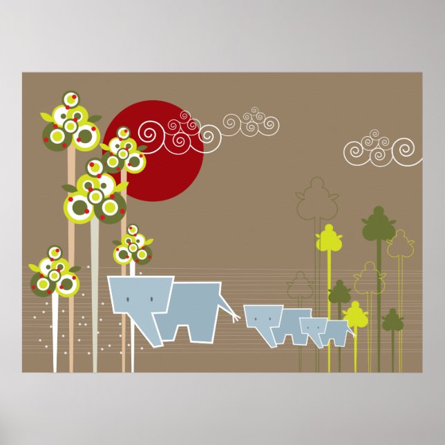 Familie Whimsical Elephant in Wald & Rote Sonne Poster (Vorne)