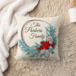 Familie Wreath Red Blue Silver Cone Weihnachten Kissen