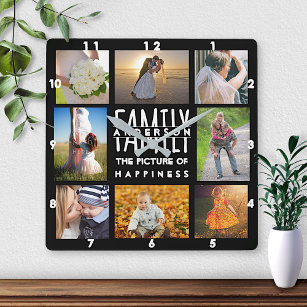 Familien-Foto-Collage 8 Bilder nennen schwarze Quadratische Wanduhr