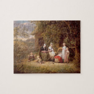 Familien-Gruppe vor einer Thatched Hütte (Öl kan Puzzle