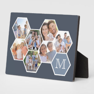 Familien-Monogramm-Fotocollage Blaue Sechsecke Fotoplatte