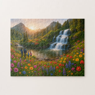 Familien-Natur-Puzzle – Bergwasserfall-Sonnenaufga Puzzle