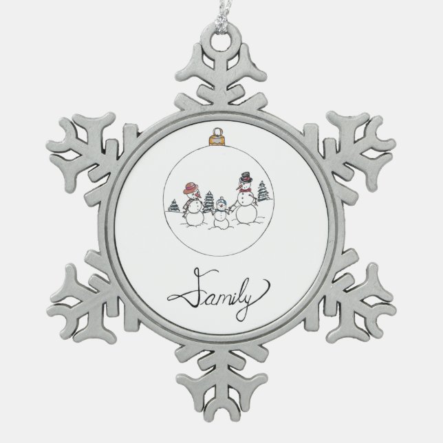 Familien-Schneemann-Ornament  Schneeflocken Zinn-Ornament (Vorderseite)