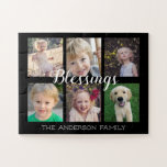 Familien-Segen | 6 Foto-Collage Puzzle<br><div class="desc">Dieses Fotopuzzlespiel ist ein perfektes heartfelt Andenkengeschenk für jede mögliche Familie. Es bietet 6 Fotorahmen für Bilder der Kinder und der Familienmitglieder an. Der Hintergrund ist das Schwarze,  das mit weißer modischer handgeschriebener Art-Kalligraphie betont wird,  die liest: Kundenspezifischer Text "des Segens" erlaubt Ihnen,  Ihren Familiennamen zu addieren.</div>