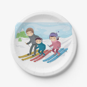 Familien-Ski-Winter-Schneeszene Pappteller