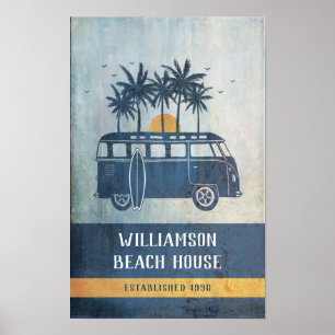 Familien-Sommer-Strandhaus Retro-Van Monogramm Poster