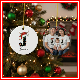 Familien-Weihnachts-Geweih-Santa-Hut FOTO Keramik Ornament