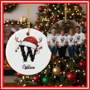 Familien-Weihnachts-Geweih-Santa-Hut FOTO Keramik Ornament